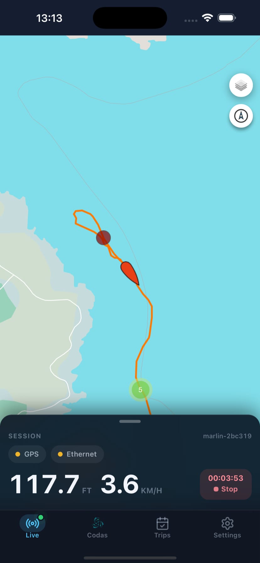 Marlin Connect live map with the boat's track and depth and speed readouts