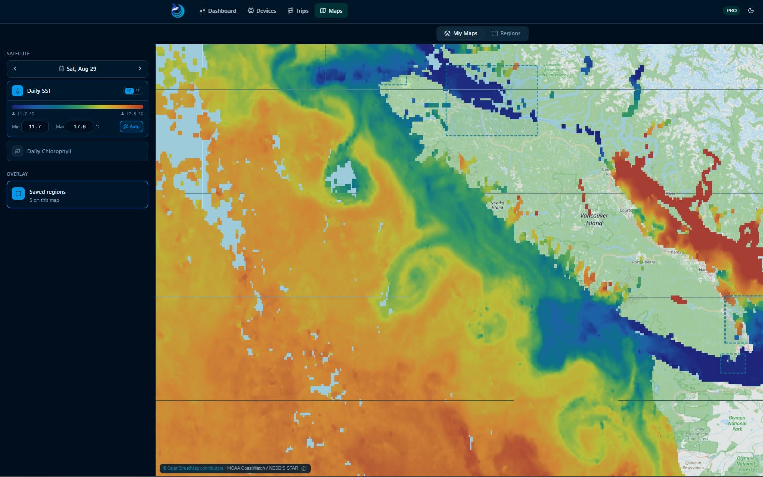 Ocean Hub daily sea-surface-temperature satellite layer over Vancouver Island
